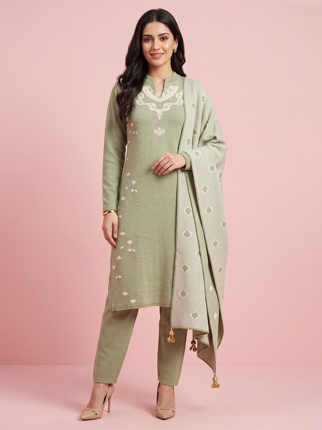 Pista Green Woven Wool Salwar Suit Designed for Stylish and Comfortable Winter Fashion - Image 1