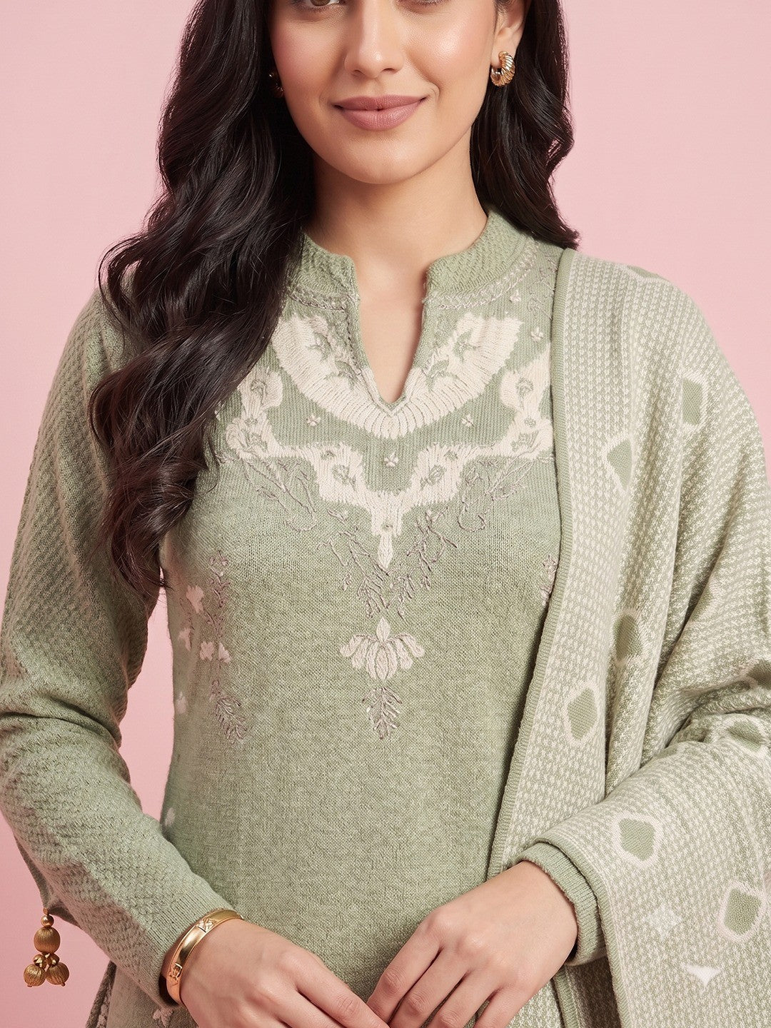 Pista Green Woven Wool Salwar Suit Designed for Stylish and Comfortable Winter Fashion - Image 2
