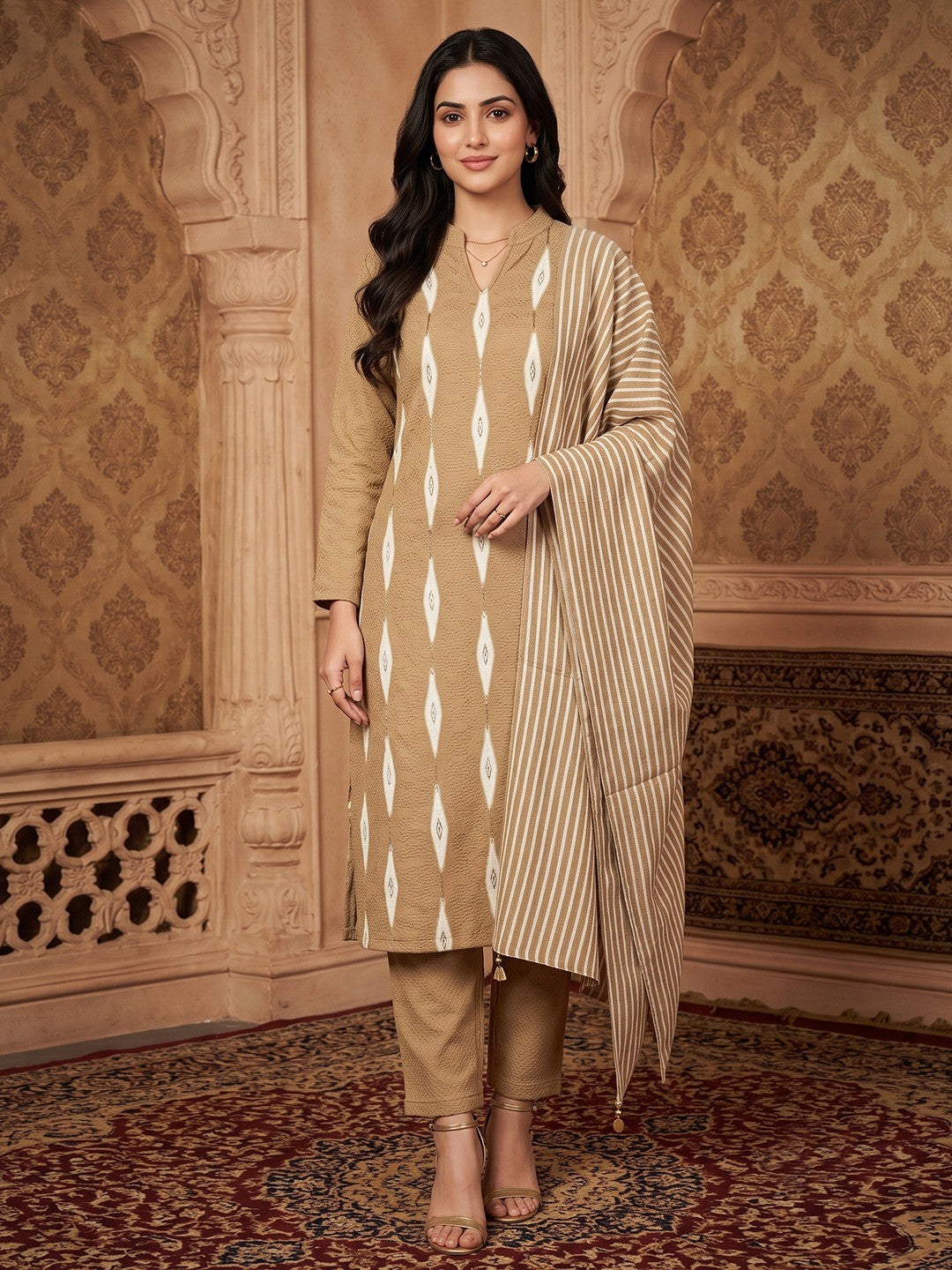 Beige Woven Woolen Suit Set Designed in Straight Cut Style for Effortless Grace - Image 1