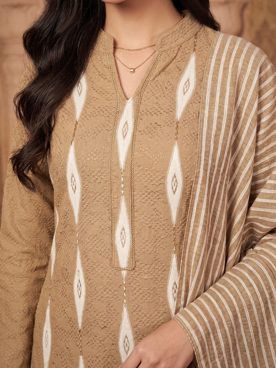 Beige Woven Woolen Suit Set Designed in Straight Cut Style for Effortless Grace - Image 3