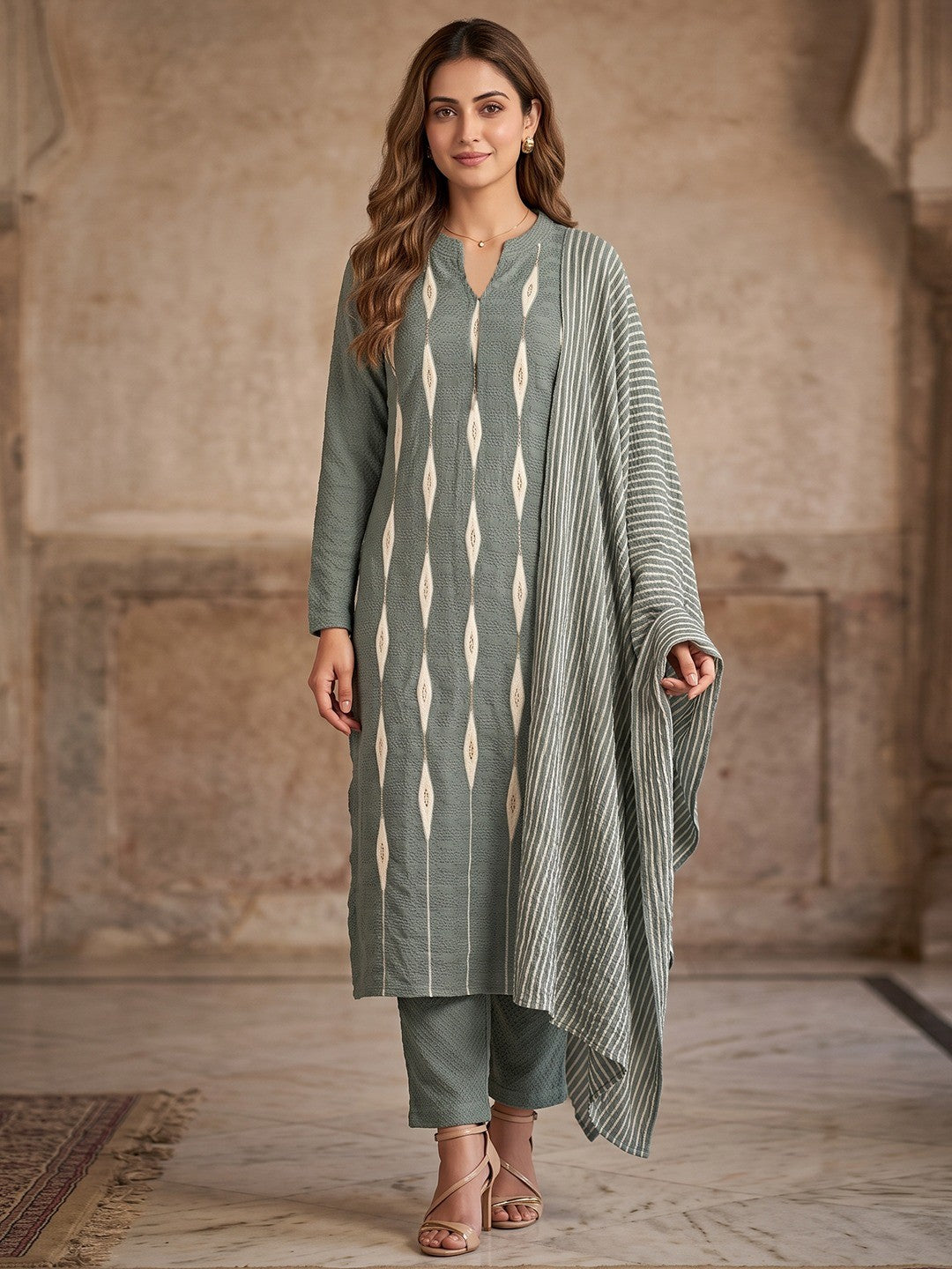 Green Woven Woolen Suit Set Designed in Straight Cut Style for Effortless Grace - Image 1