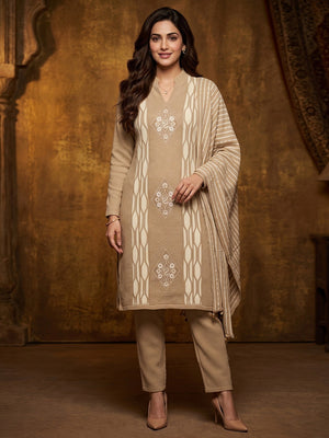 Camel Brown Woolen Salwar Suit Featuring Fine Woven Texture and Straight Cut Design - Image 1