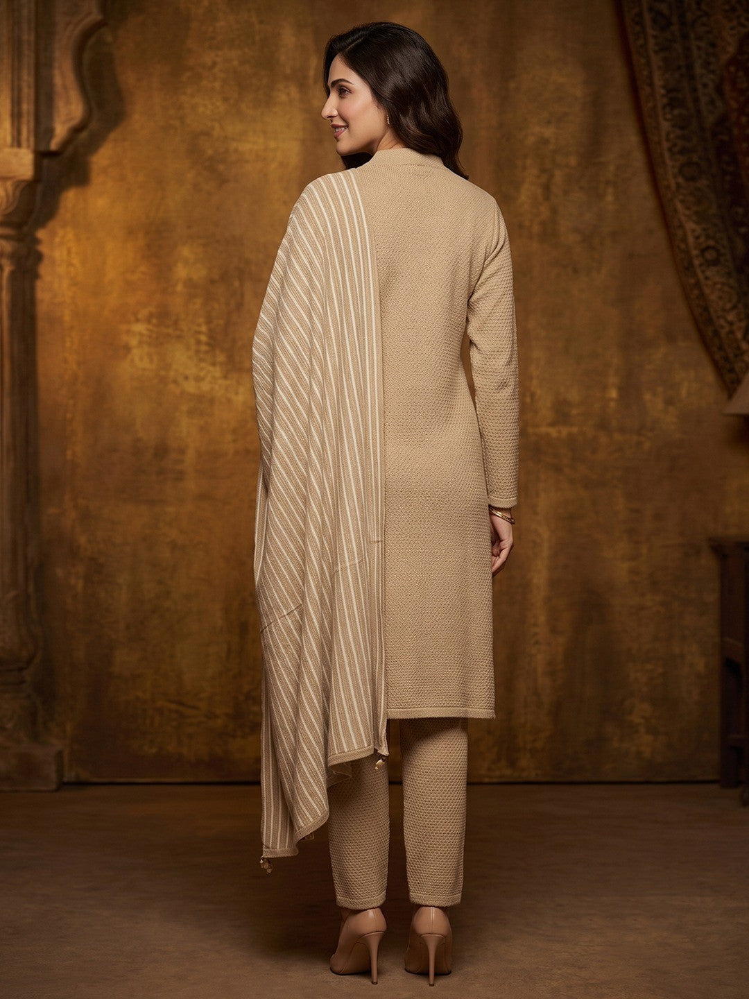 Camel Brown Woolen Salwar Suit Featuring Fine Woven Texture and Straight Cut Design - Image 2