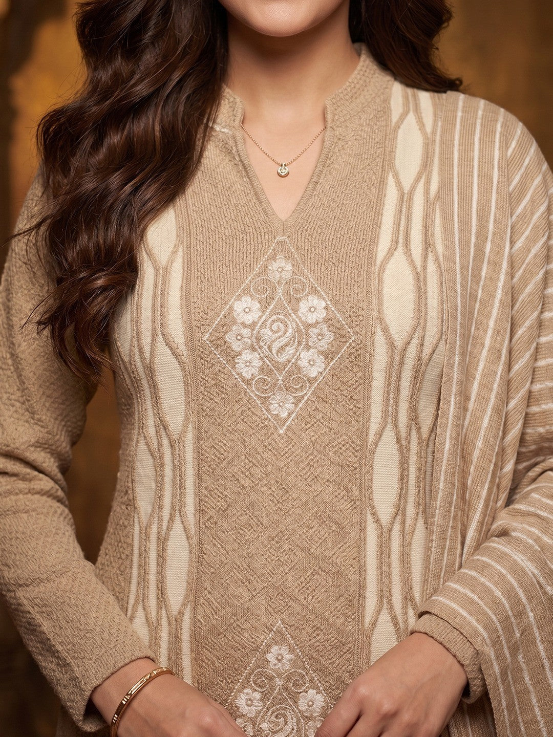 Camel Brown Woolen Salwar Suit Featuring Fine Woven Texture and Straight Cut Design - Image 3