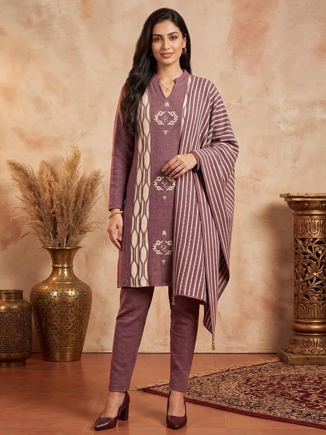 Mauve Woolen Salwar Suit Featuring Fine Woven Texture and Straight Cut Design - Image 1