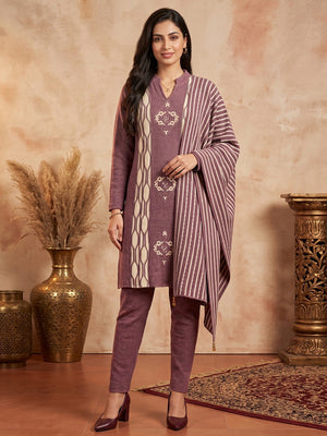 Mauve Woolen Salwar Suit Featuring Fine Woven Texture and Straight Cut Design - Image 1