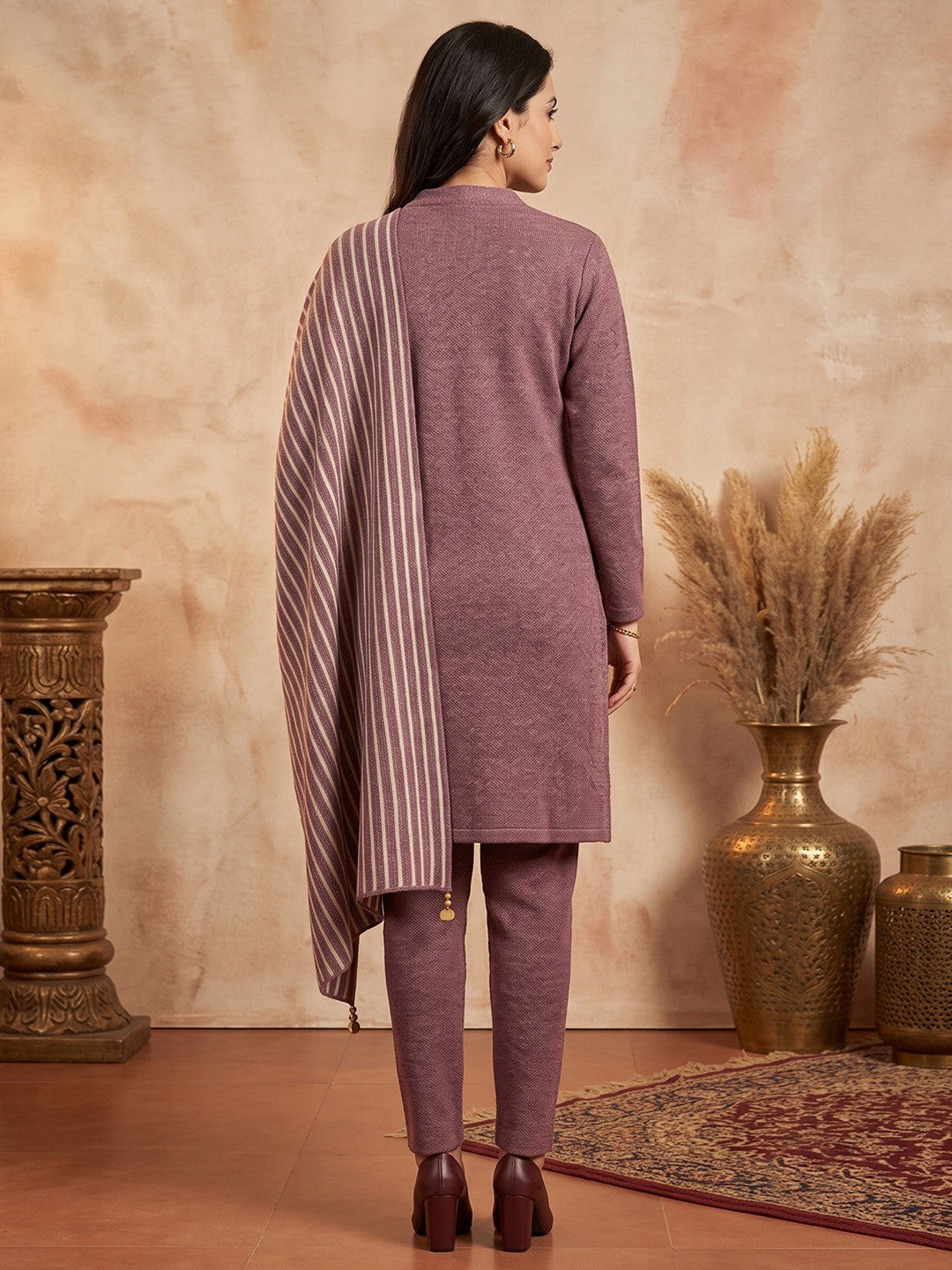 Mauve Woolen Salwar Suit Featuring Fine Woven Texture and Straight Cut Design - Image 2