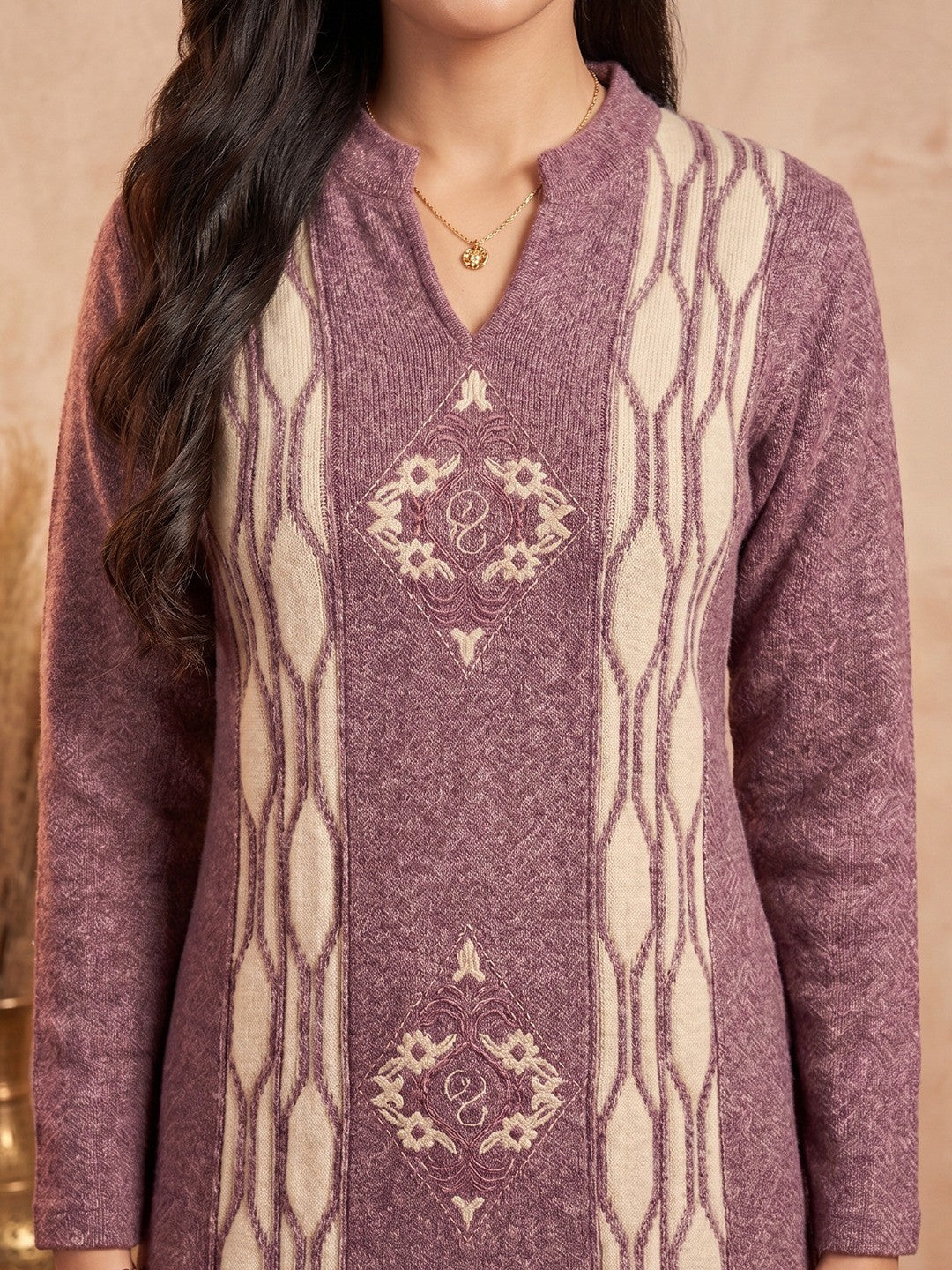 Mauve Woolen Salwar Suit Featuring Fine Woven Texture and Straight Cut Design - Image 3