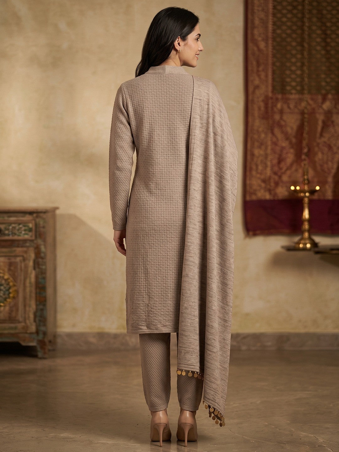 Beautiful Beige Woven Woolen Suit Set Designed in Straight Cut Style for Effortless Grace - Image 2