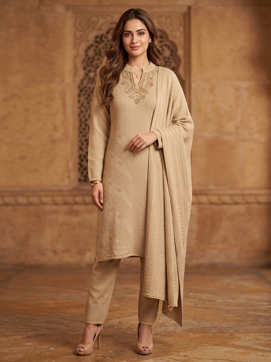 Beautiful Cream Woven Woolen Suit Set Designed in Straight Cut Style for Effortless Grace - Image 1