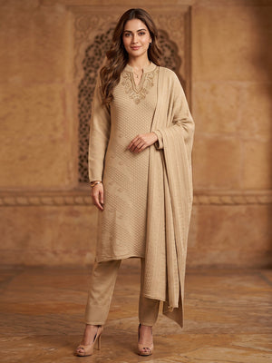 Beautiful Cream Woven Woolen Suit Set Designed in Straight Cut Style for Effortless Grace - Image 1
