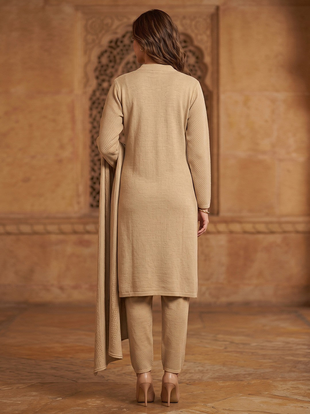 Beautiful Cream Woven Woolen Suit Set Designed in Straight Cut Style for Effortless Grace - Image 2