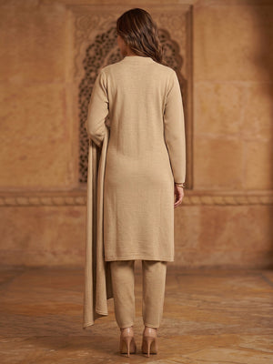 Beautiful Cream Woven Woolen Suit Set Designed in Straight Cut Style for Effortless Grace - Image 2