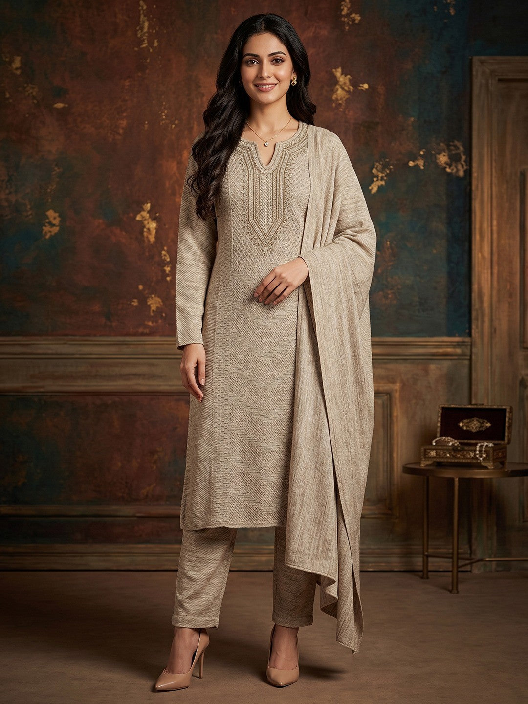 Cream Woolen Straight Cut Salwar Suit with Subtle Woven Detailing for Comfortable Wear - Image 1