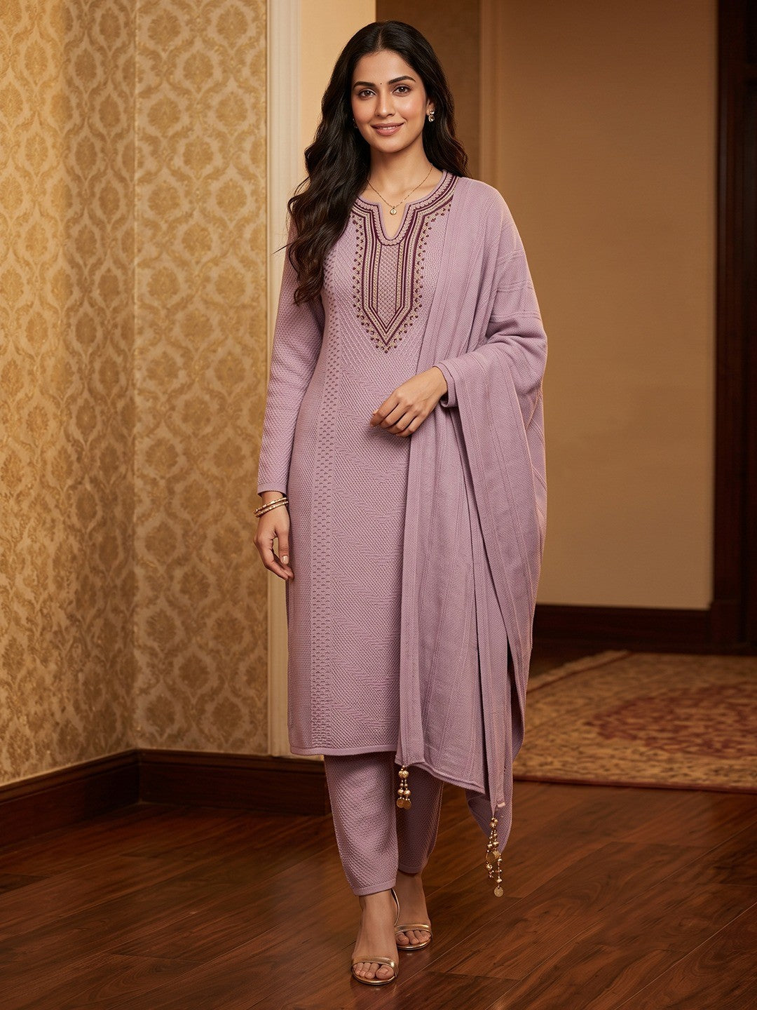 Pink Woolen Straight Cut Salwar Suit with Subtle Woven Detailing for Comfortable Wear - Image 1