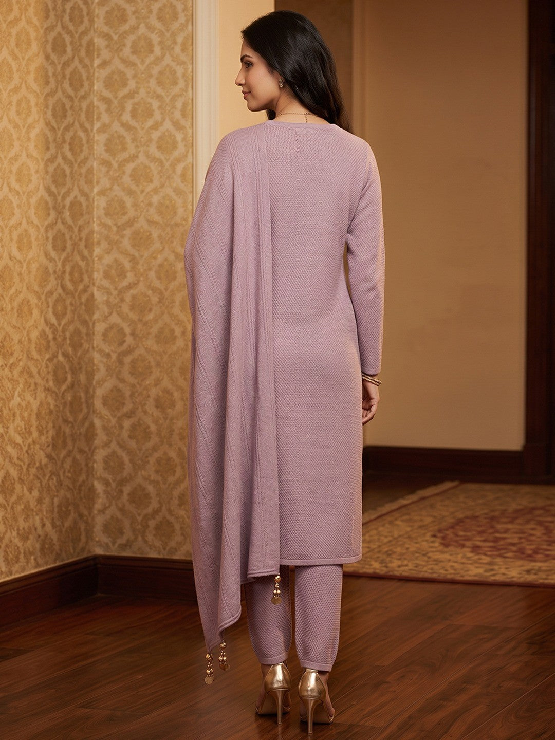 Pink Woolen Straight Cut Salwar Suit with Subtle Woven Detailing for Comfortable Wear - Image 2