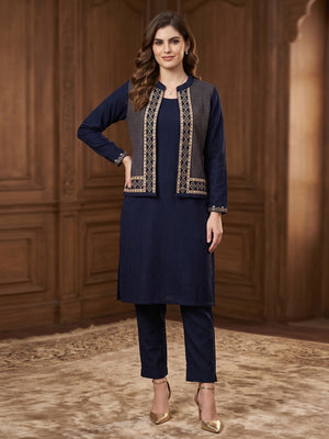 Elegant Navy Blue Woolen Straight Kurti with Waist Coat for Cozy Winter Wear - Image 1