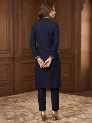 Elegant Navy Blue Woolen Straight Kurti with Waist Coat for Cozy Winter Wear - Image 2