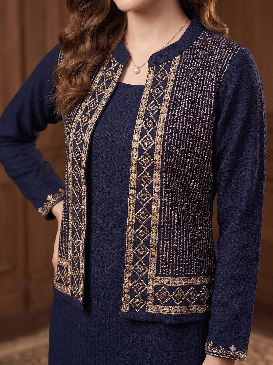 Elegant Navy Blue Woolen Straight Kurti with Waist Coat for Cozy Winter Wear - Image 3