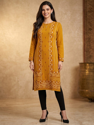 Elegant Mustard Woolen Straight Kurti for Cozy Winter Comfort - Image 1