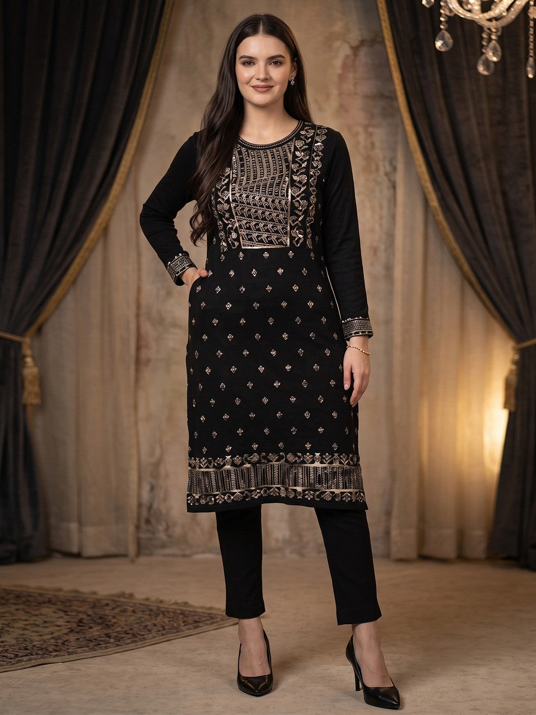 Elegant Black Woolen Straight Kurti for Cozy Winter Comfort - Image 1