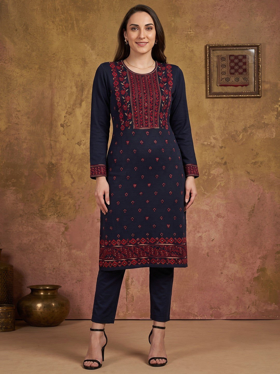 Elegant Navy Blue Woolen Straight Kurti for Cozy Winter Comfort - Image 1