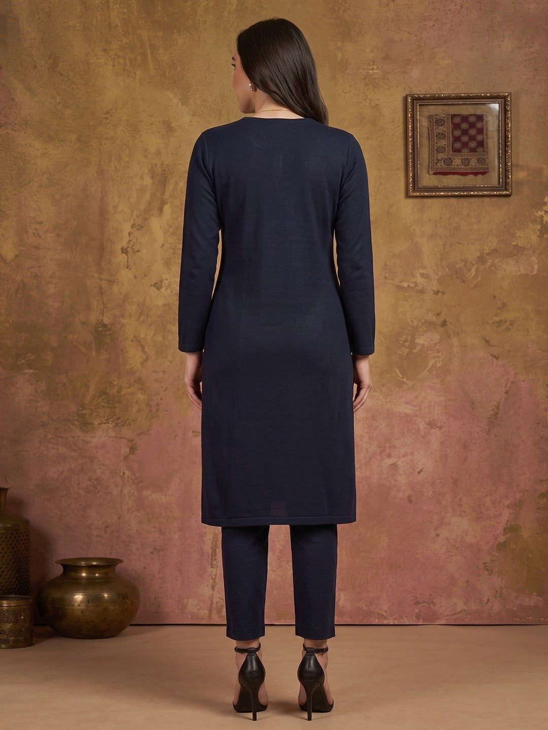 Elegant Navy Blue Woolen Straight Kurti for Cozy Winter Comfort - Image 2