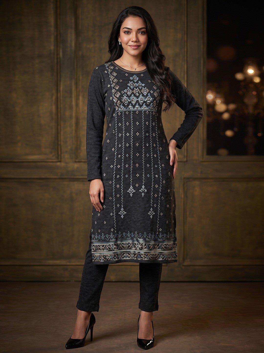 Elegant Charcoal Woolen Straight Kurti for Cozy Winter Comfort - Image 1