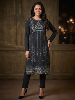 Elegant Charcoal Woolen Straight Kurti for Cozy Winter Comfort - Image 1