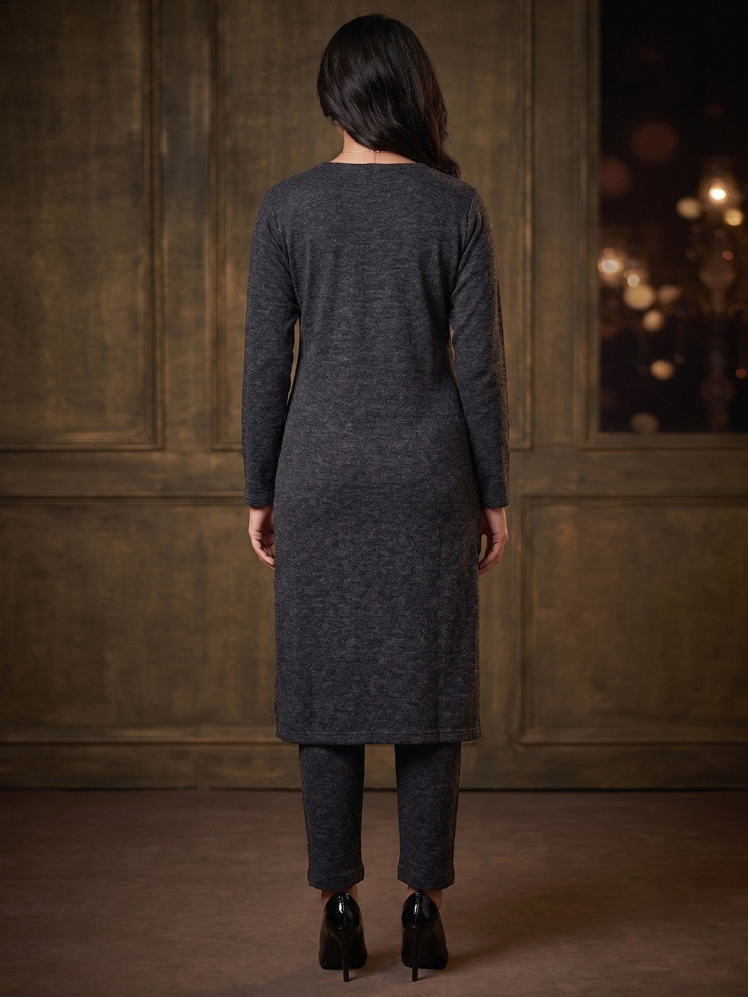 Elegant Charcoal Woolen Straight Kurti for Cozy Winter Comfort - Image 3