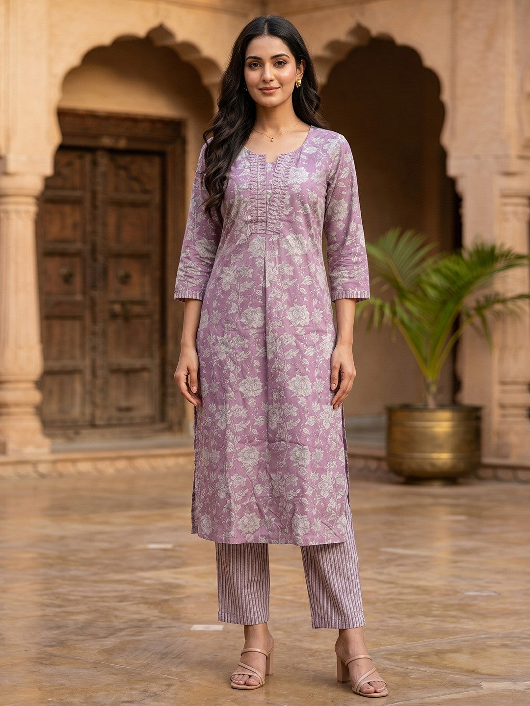 Purple Floral Printed With Katha Work Pure Cotton Straight Kurti Sets - Image 1