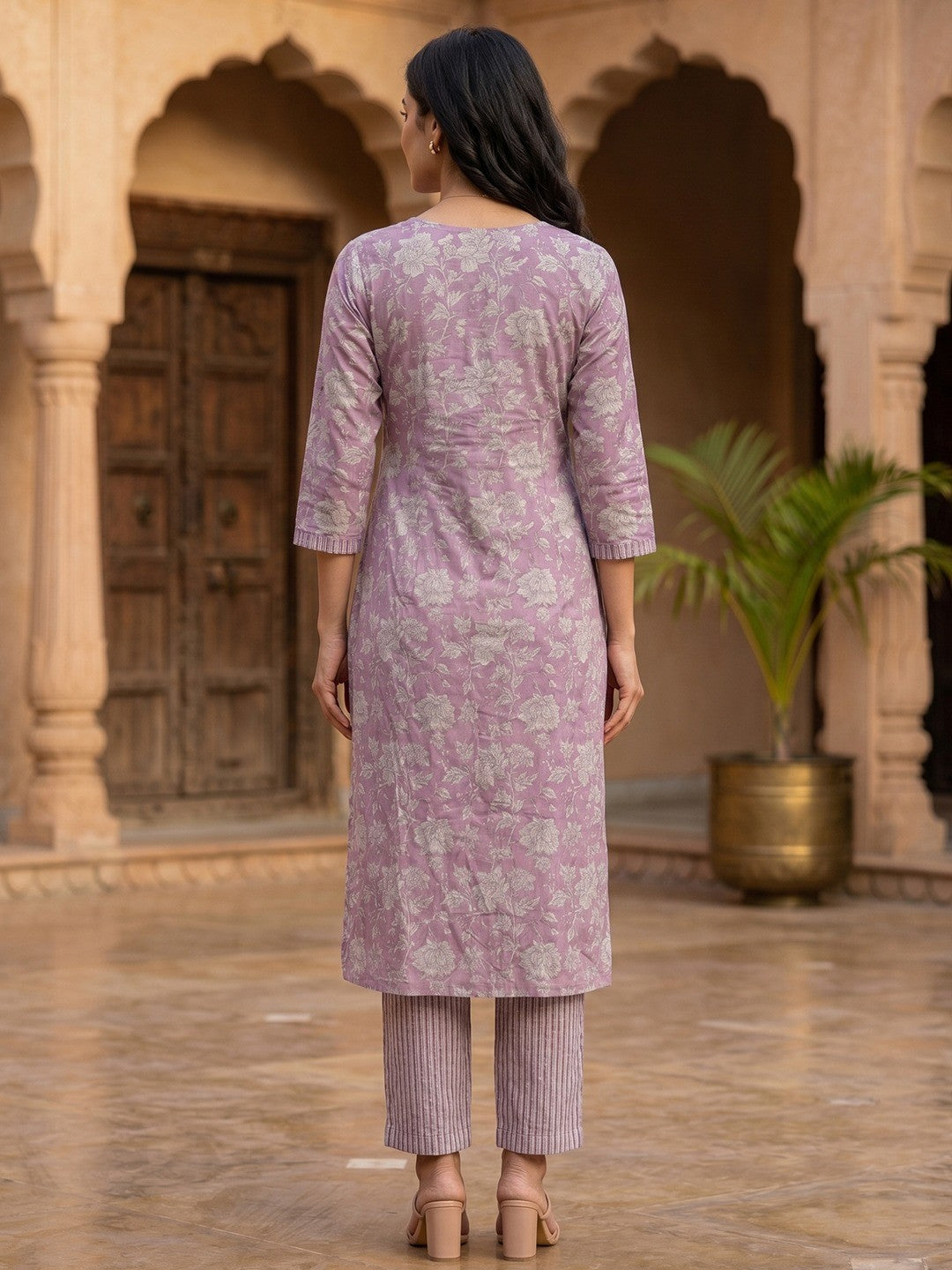 Purple Floral Printed With Katha Work Pure Cotton Straight Kurti Sets - Image 2