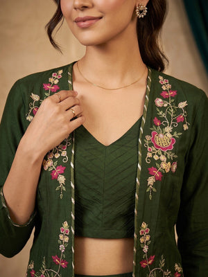 Elegant Green Chinon Top Bottom Set with Floral Embroidery Shrug - Image 2