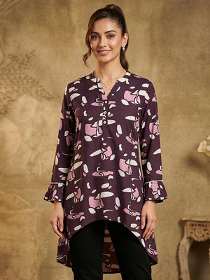 Wine Printed Rayon Hight Low Cut A-Line Top - Image 1