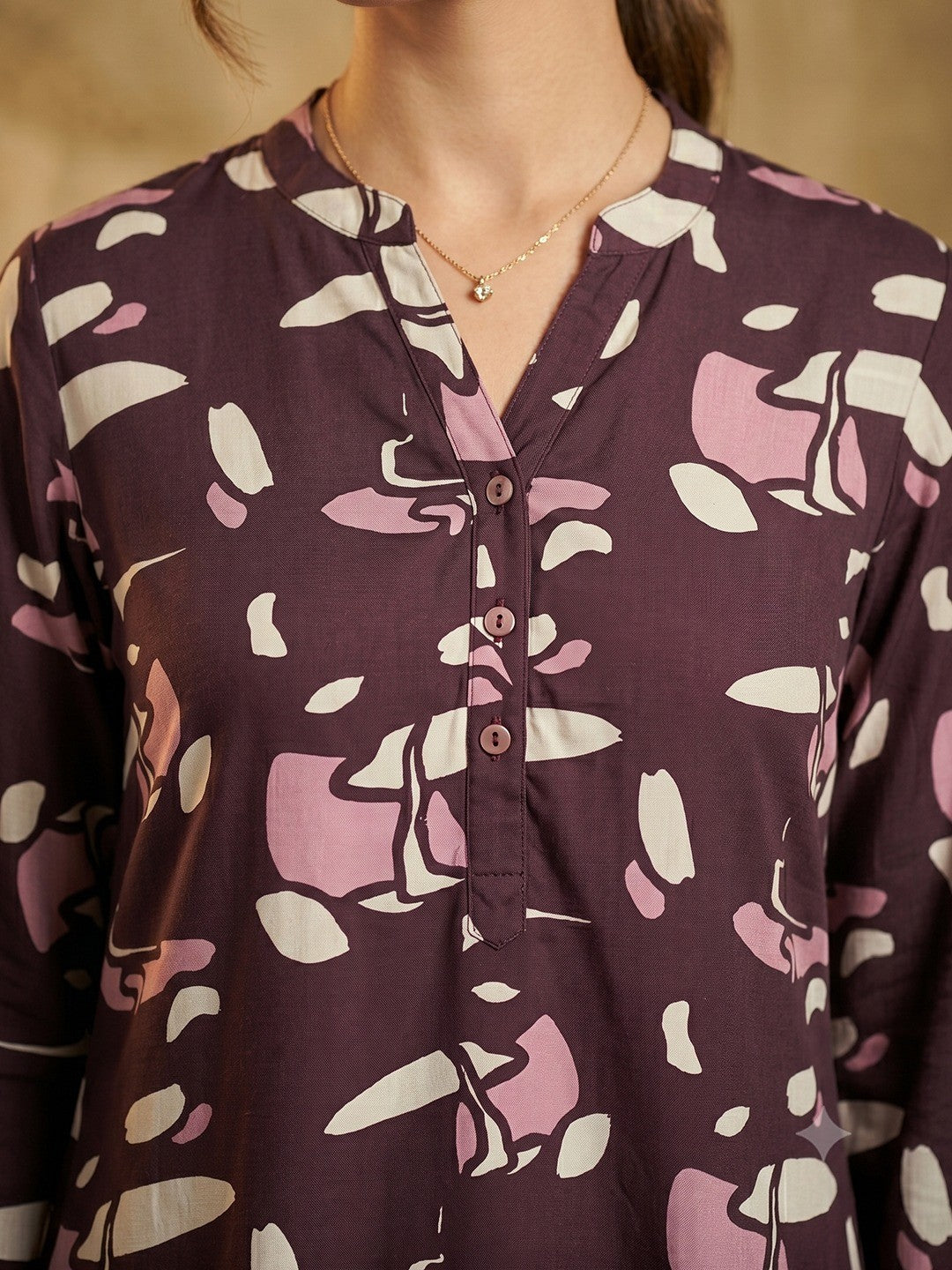 Wine Printed Rayon Hight Low Cut A-Line Top - Image 3