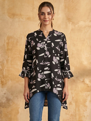 Black Printed Rayon Hight Low Cut A-Line Top - Image 1