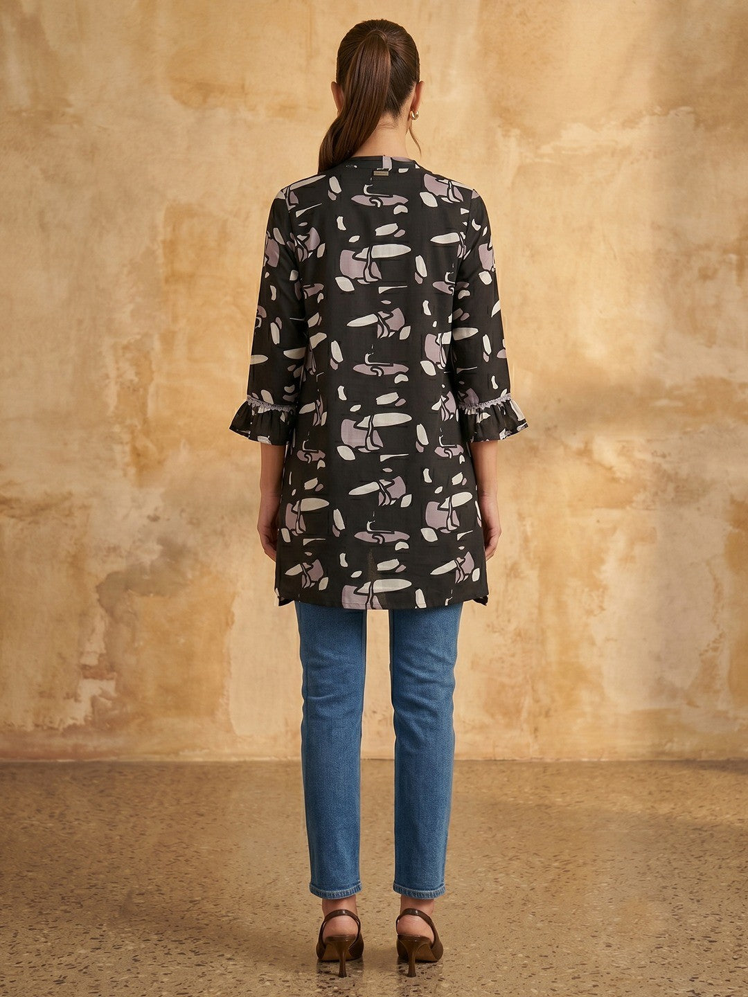 Black Printed Rayon Hight Low Cut A-Line Top - Image 2