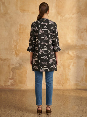 Black Printed Rayon Hight Low Cut A-Line Top - Image 2