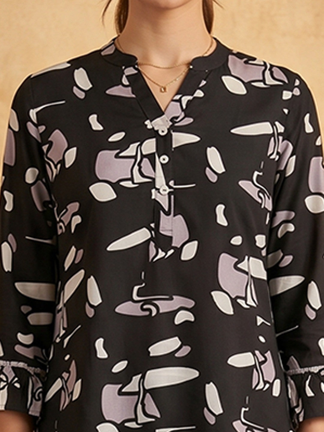 Black Printed Rayon Hight Low Cut A-Line Top - Image 3