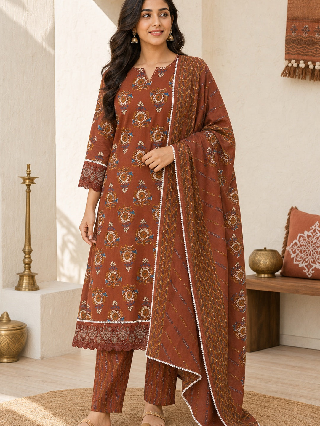 Rust Pure Cotton Printed Salwar Suit Set - Image 1