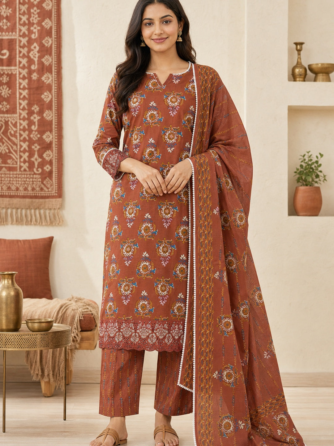 Rust Pure Cotton Printed Salwar Suit Set - Image 2