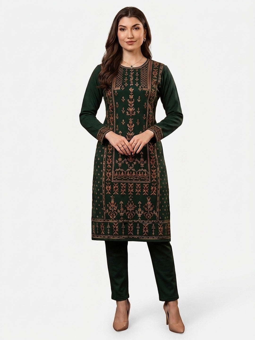 Elegant Bottle Green Woolen Straight Kurti for Cozy Winter Comfort - Image 4
