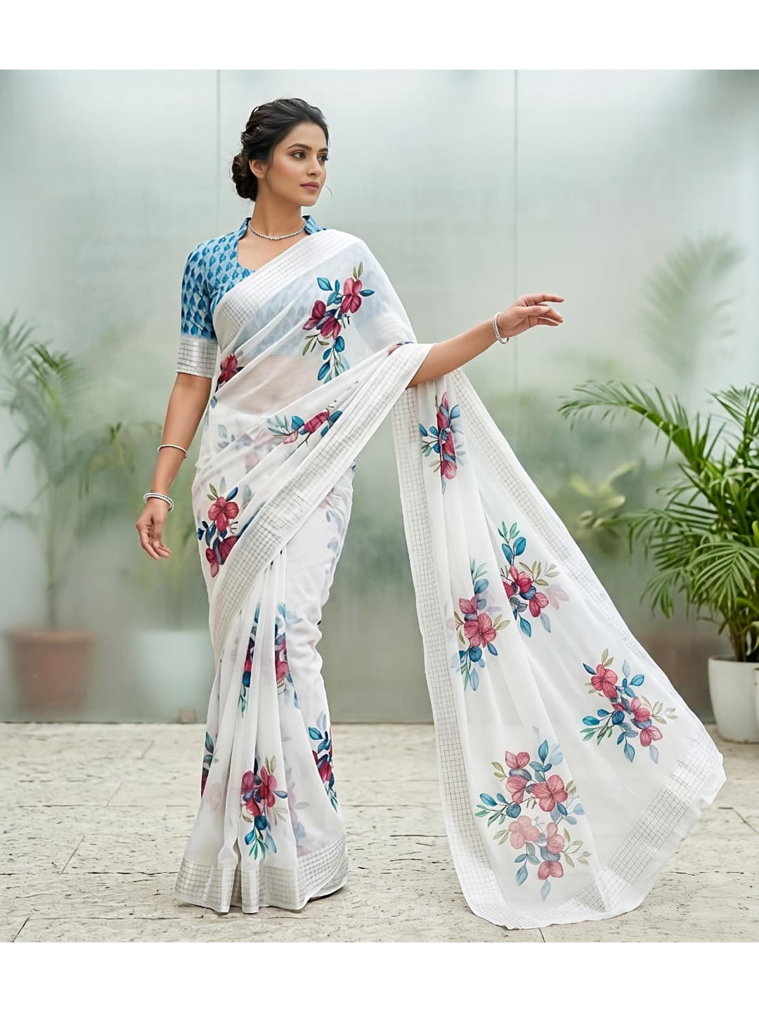 Peachmode White Georgette Chiffon Saree with Pink Teal Floral Print - Image 1