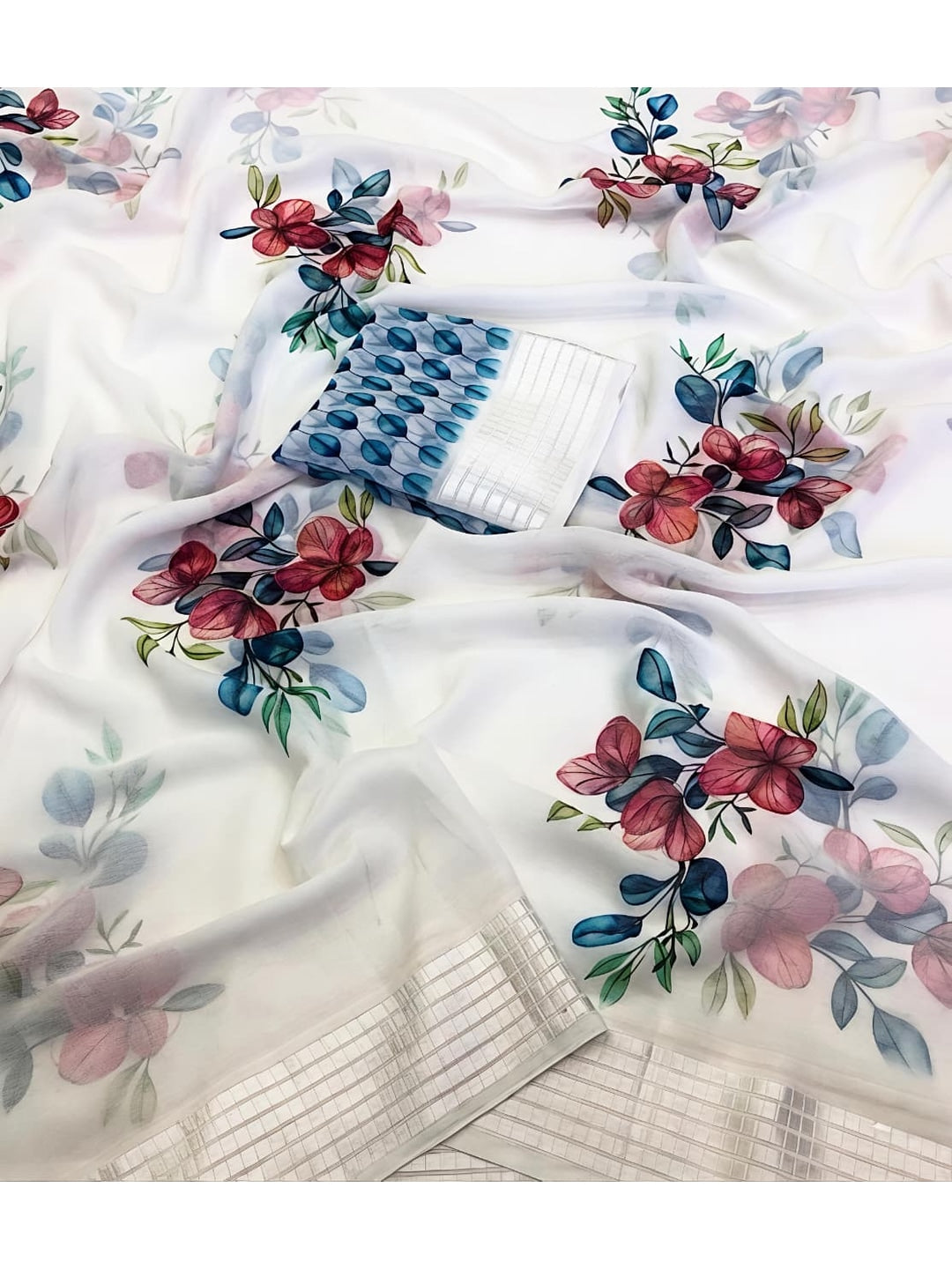 Peachmode White Georgette Chiffon Saree with Pink Teal Floral Print - Image 3