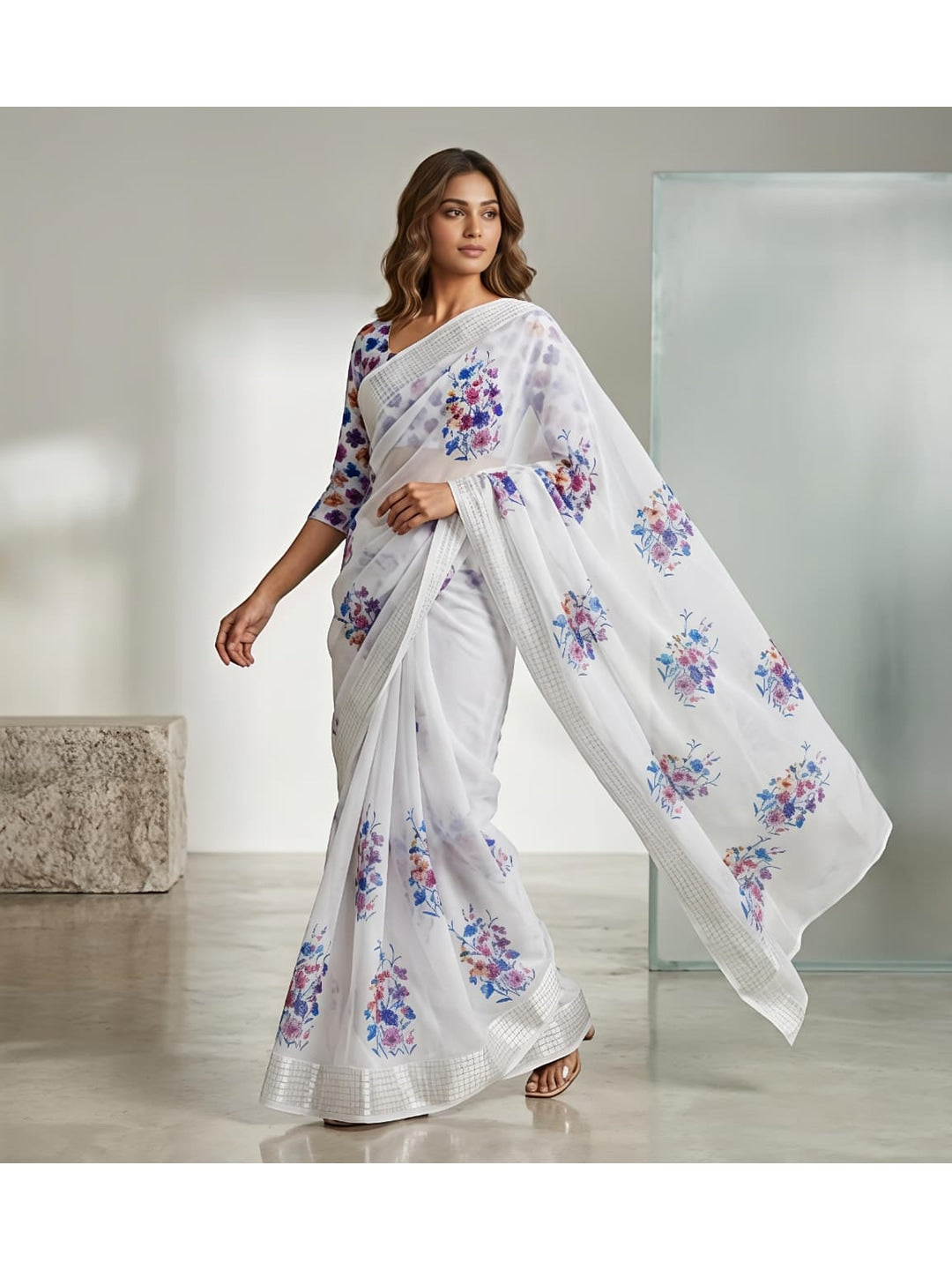 Peachmode White Georgette Chiffon Saree with Blue Pink Floral Print - Image 1