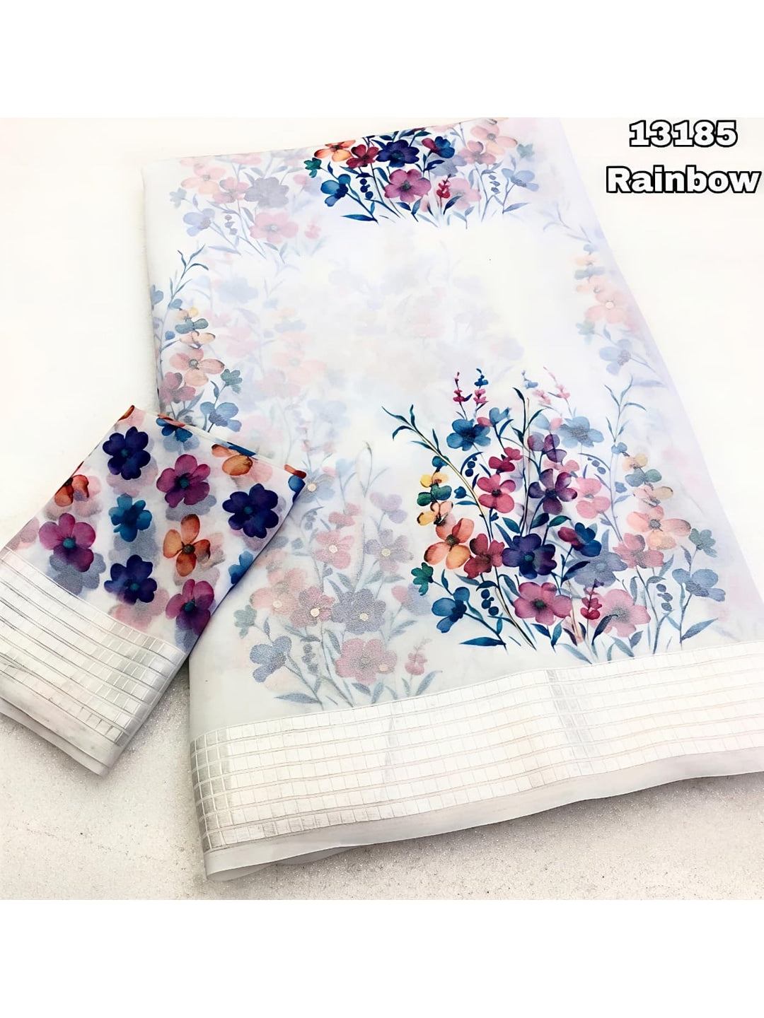 Peachmode White Georgette Chiffon Saree with Blue Pink Floral Print - Image 3
