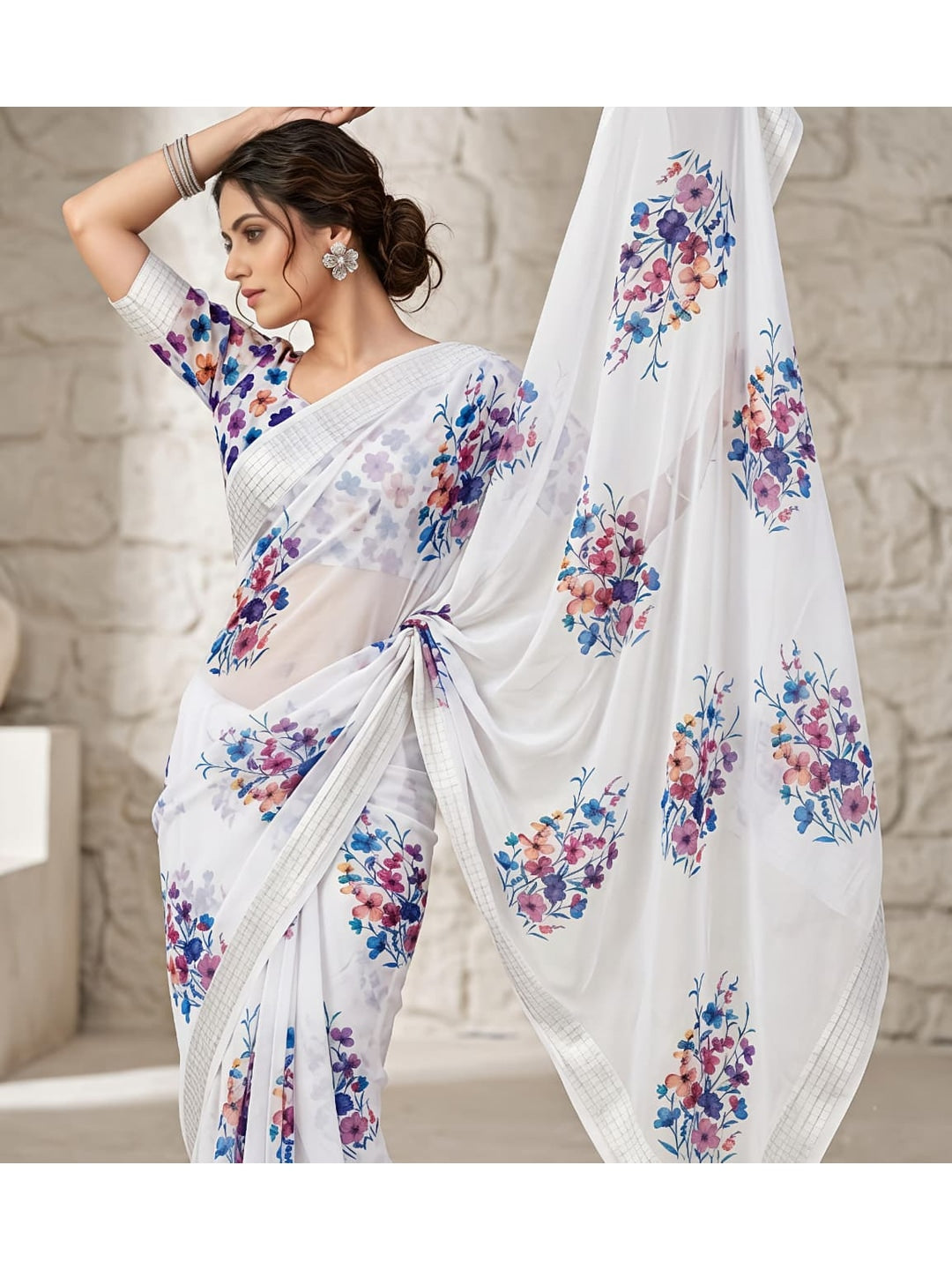 Peachmode White Georgette Chiffon Saree with Blue Pink Floral Print - Image 4
