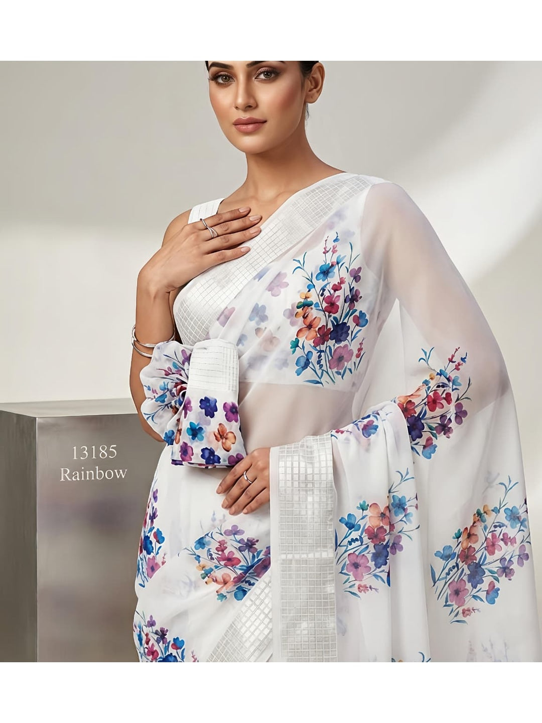Peachmode White Georgette Chiffon Saree with Blue Pink Floral Print - Image 5