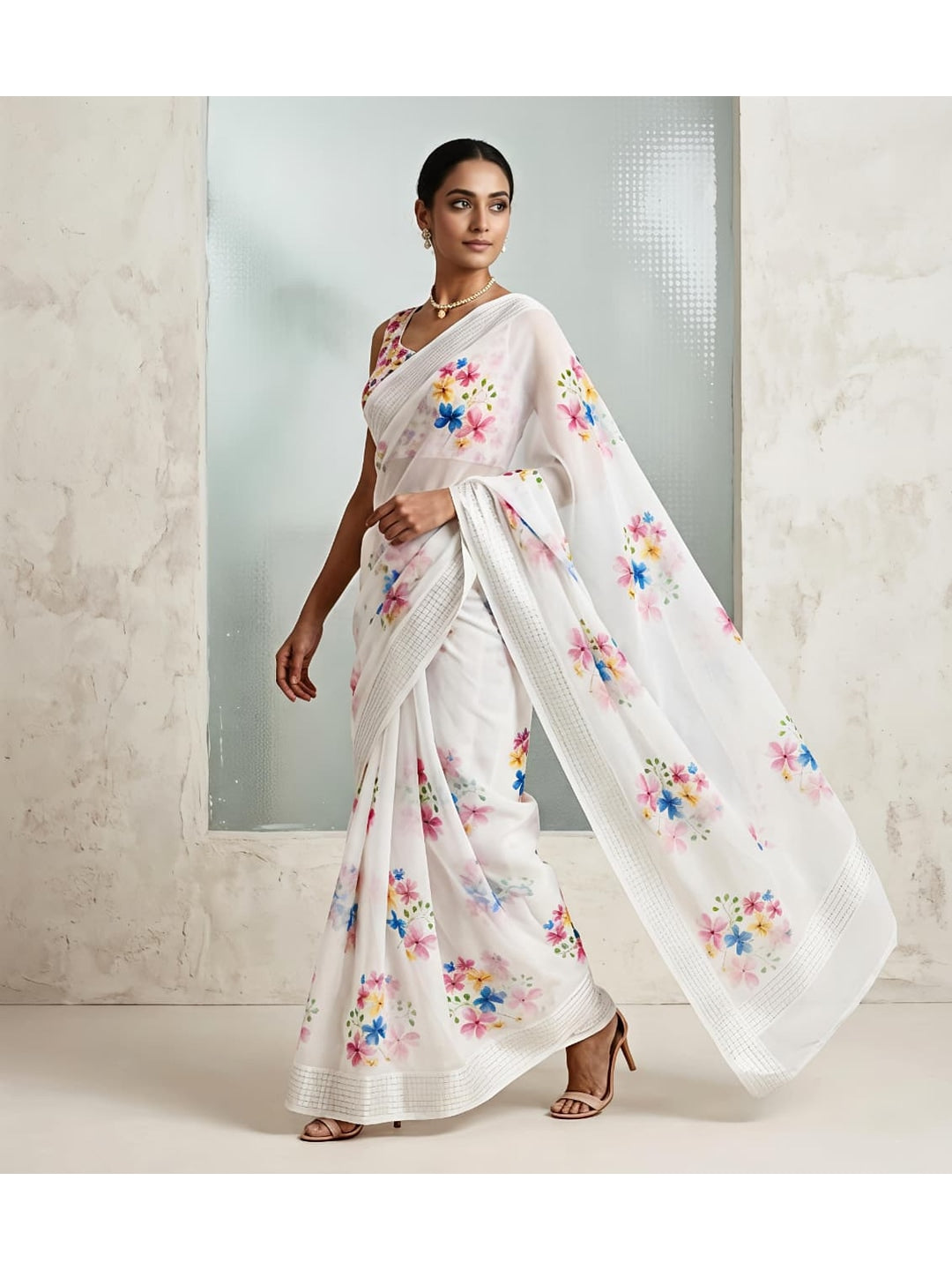 Peachmode White Georgette Chiffon Saree with Pastel Floral Print - Image 1