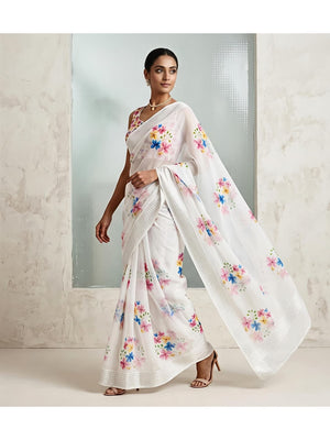 Peachmode White Georgette Chiffon Saree with Pastel Floral Print - Image 1